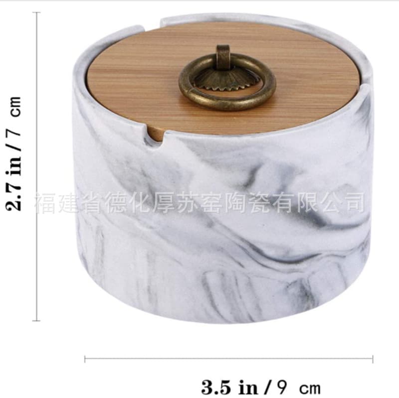 Marble Pattern Ceramic Ashtray with Wooden Lid for Export Cigars and Cigarettes Ceramic Ashtrays