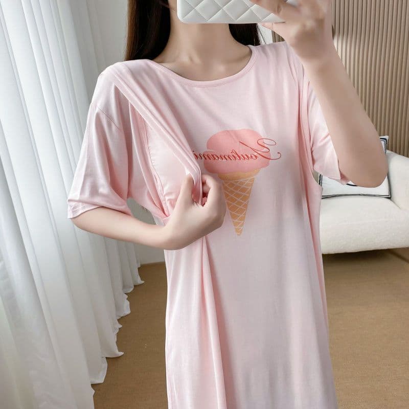 Nursing nightgown, spring and autumn outing dress, postpartum nursing clothes, summer side-opening short-sleeved pajamas, thin maternity wear