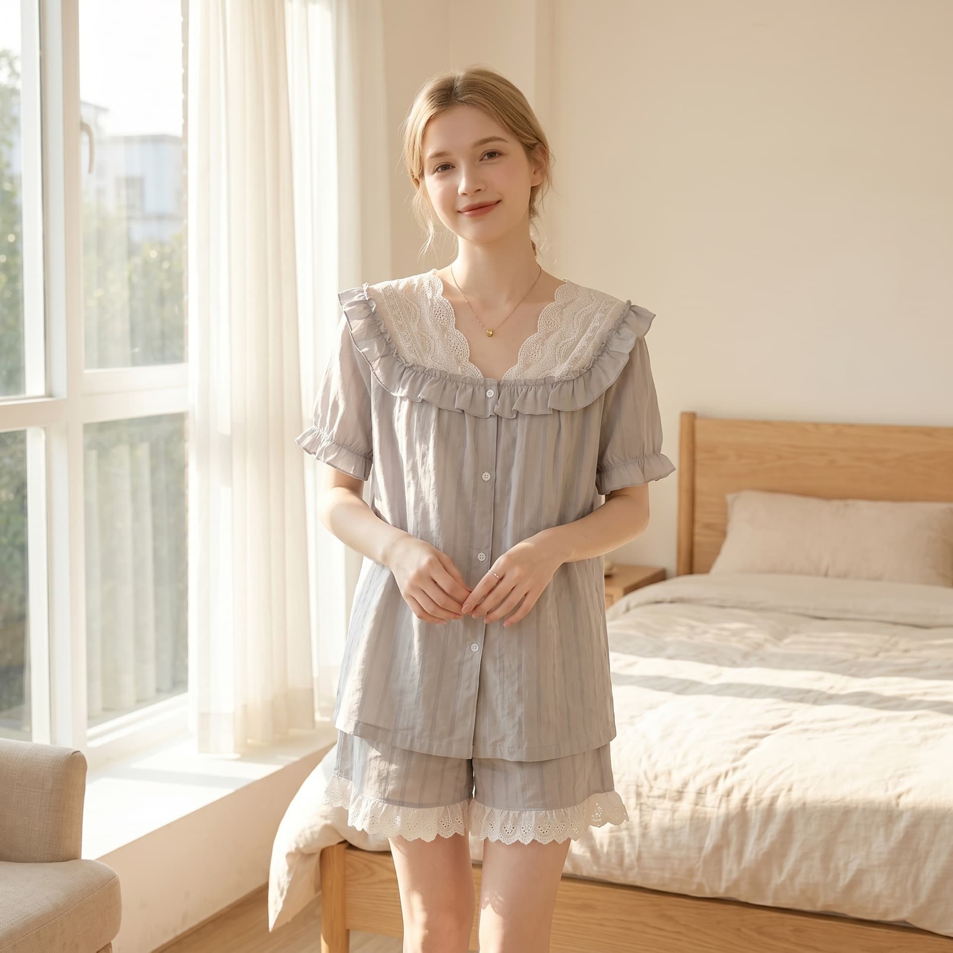 Women's Cross-Border Summer Pajamas, 100% Pure Cotton Set, Loose Fit, Solid Color, Sweet and Thin Style, Suitable for Going Out or Home Wear