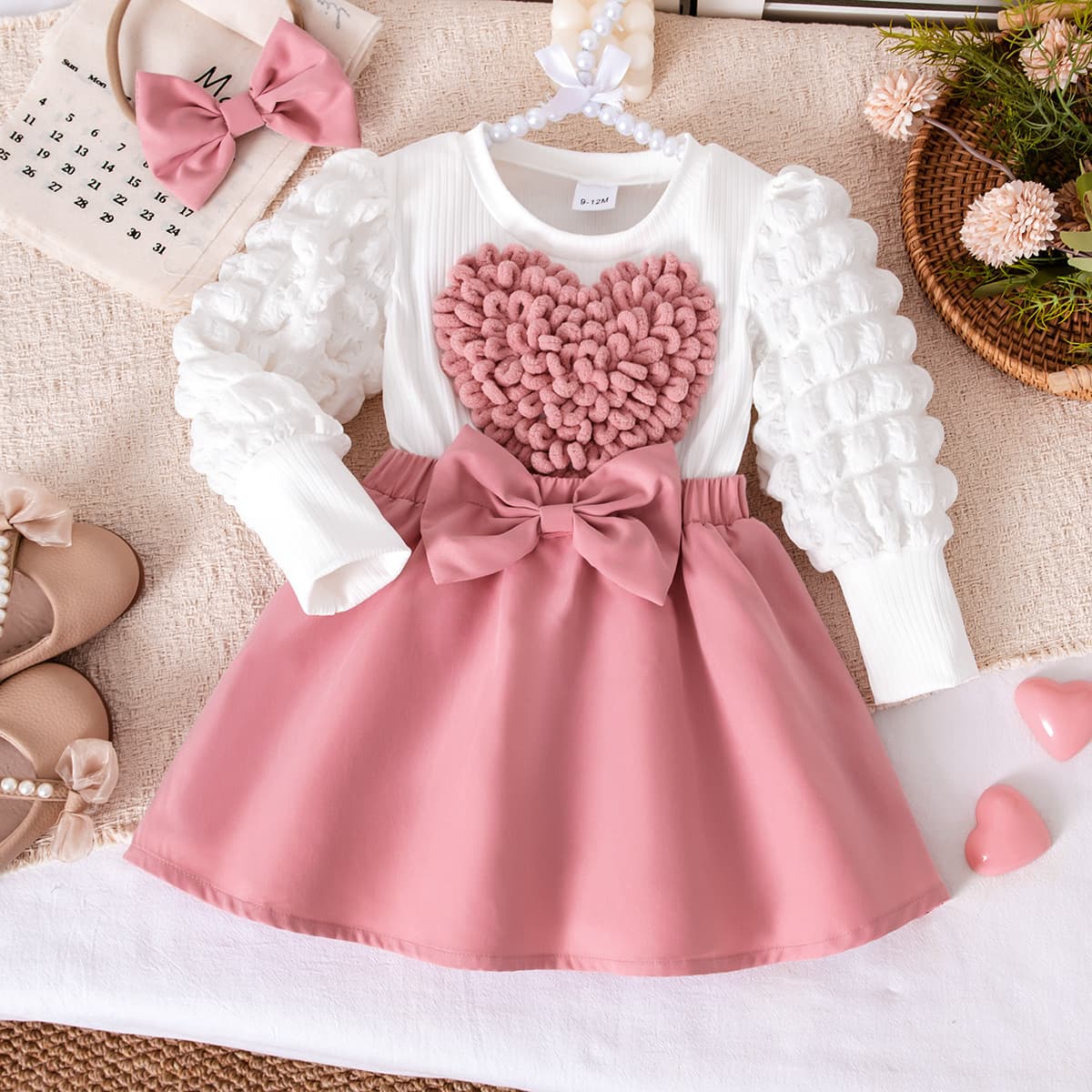 Baby Girl Autumn/Winter Heart Print Dress + Large Bow Princess Dress, Newborn Ruffled Long-Sleeve Gown