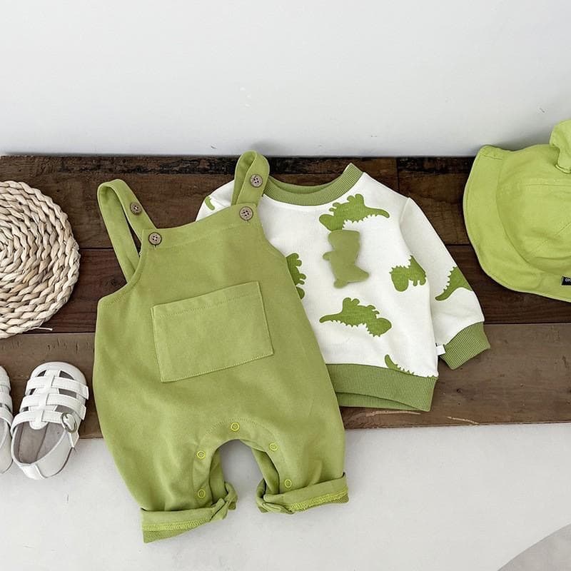 Green Dinosaur Print Baby Clothes Set Autumn Spring Casual Hoodie and Bib Pants Two-Piece Set Comfortable Cotton Outfit