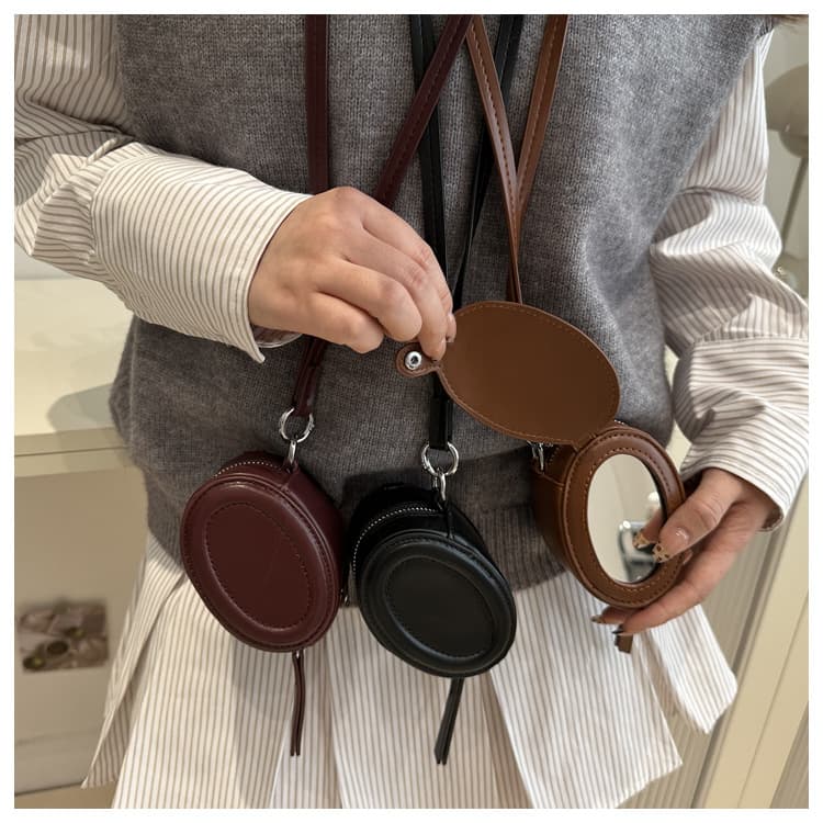 European and American Retro Oval Women's Box Bag Solid Color Flip Cover with Cosmetic Mirror Lipstick Neck Bag Mini Crossbody Bag