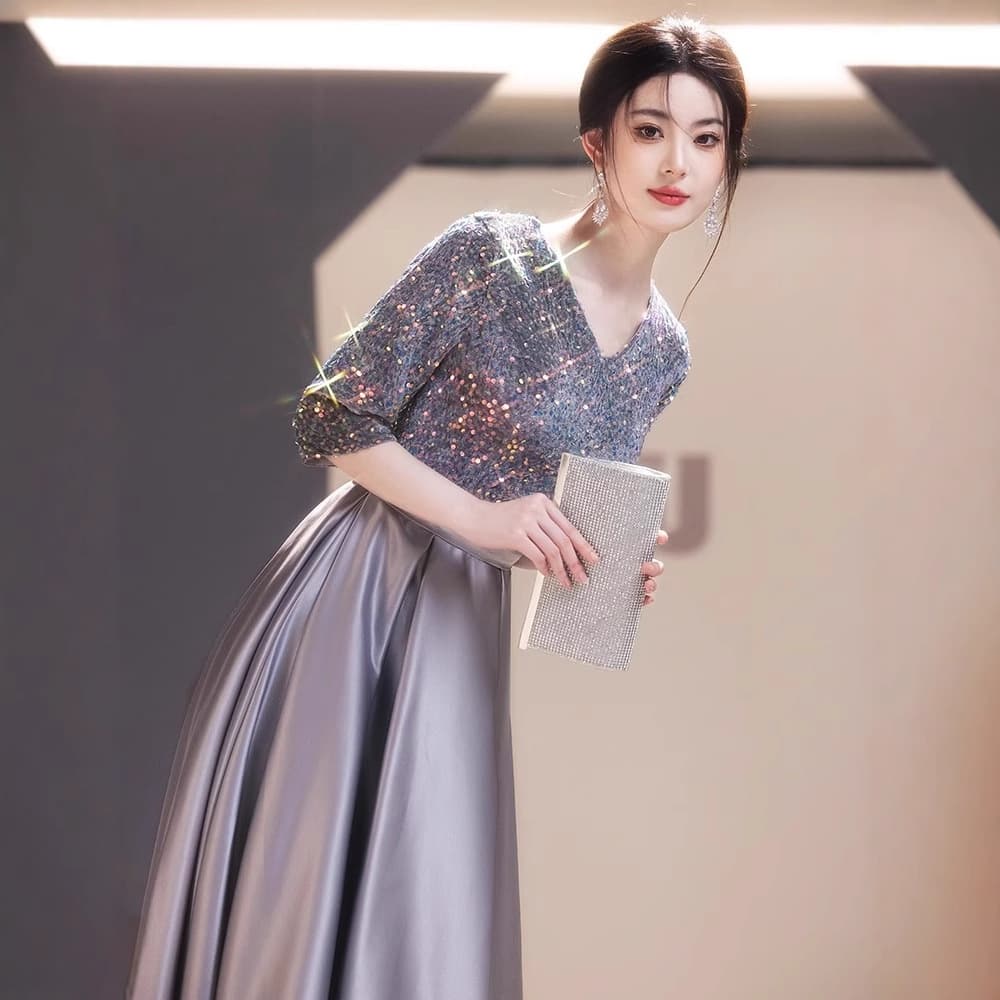 Light luxury gray sequined evening dress stage performance dress host speech dress long dress coming of age dress dress