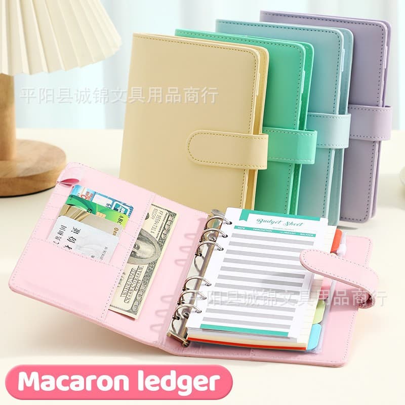 A6 Loose-Leaf Macaron PU Leather Notebook Cash Budget Accounting Book Household Finance Zipper Pocket Savings Planner Journal