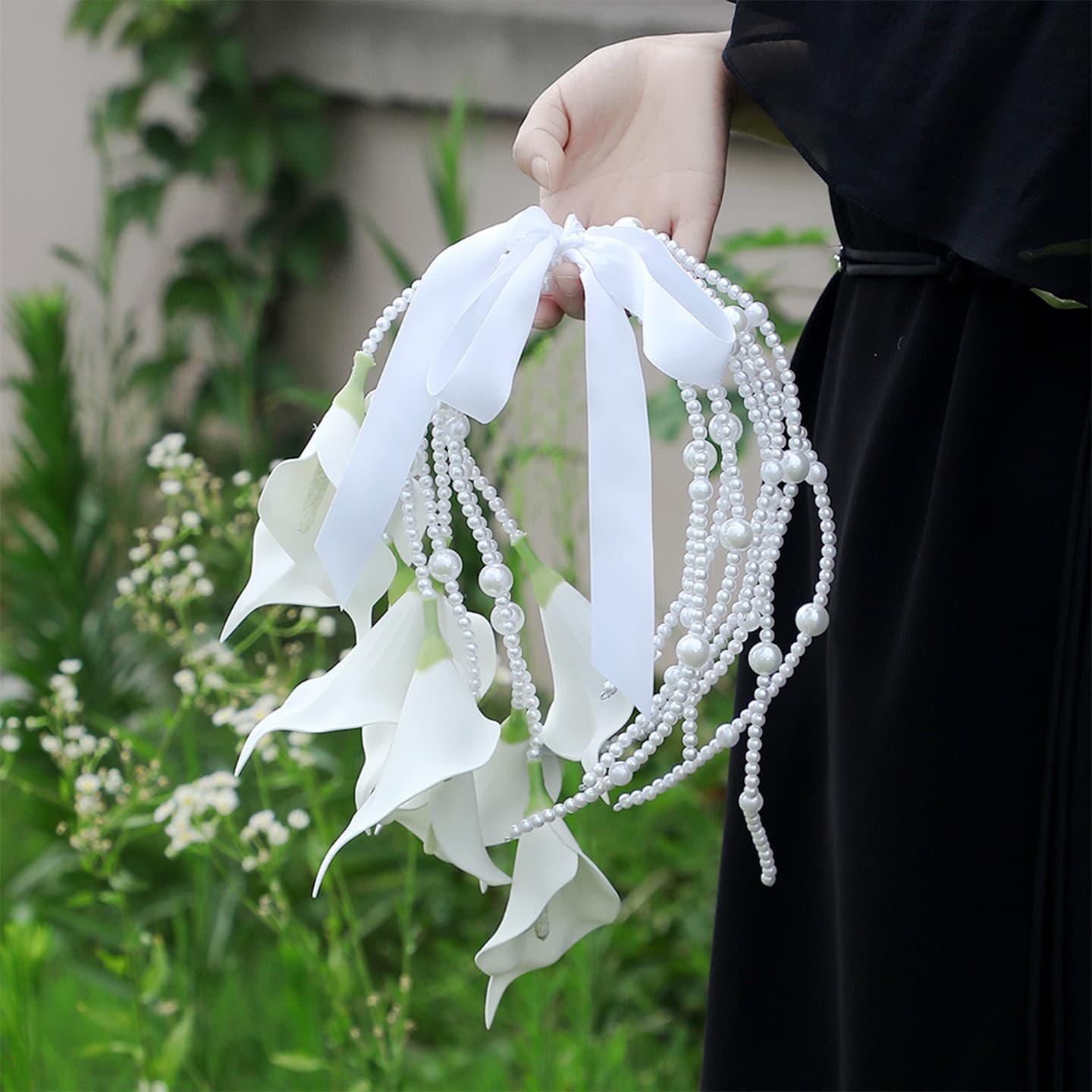 Luxury Pearl Bridal Bouquet White Calla Lily Artificial Flowers European Wedding Ceremony Bride Bouquet