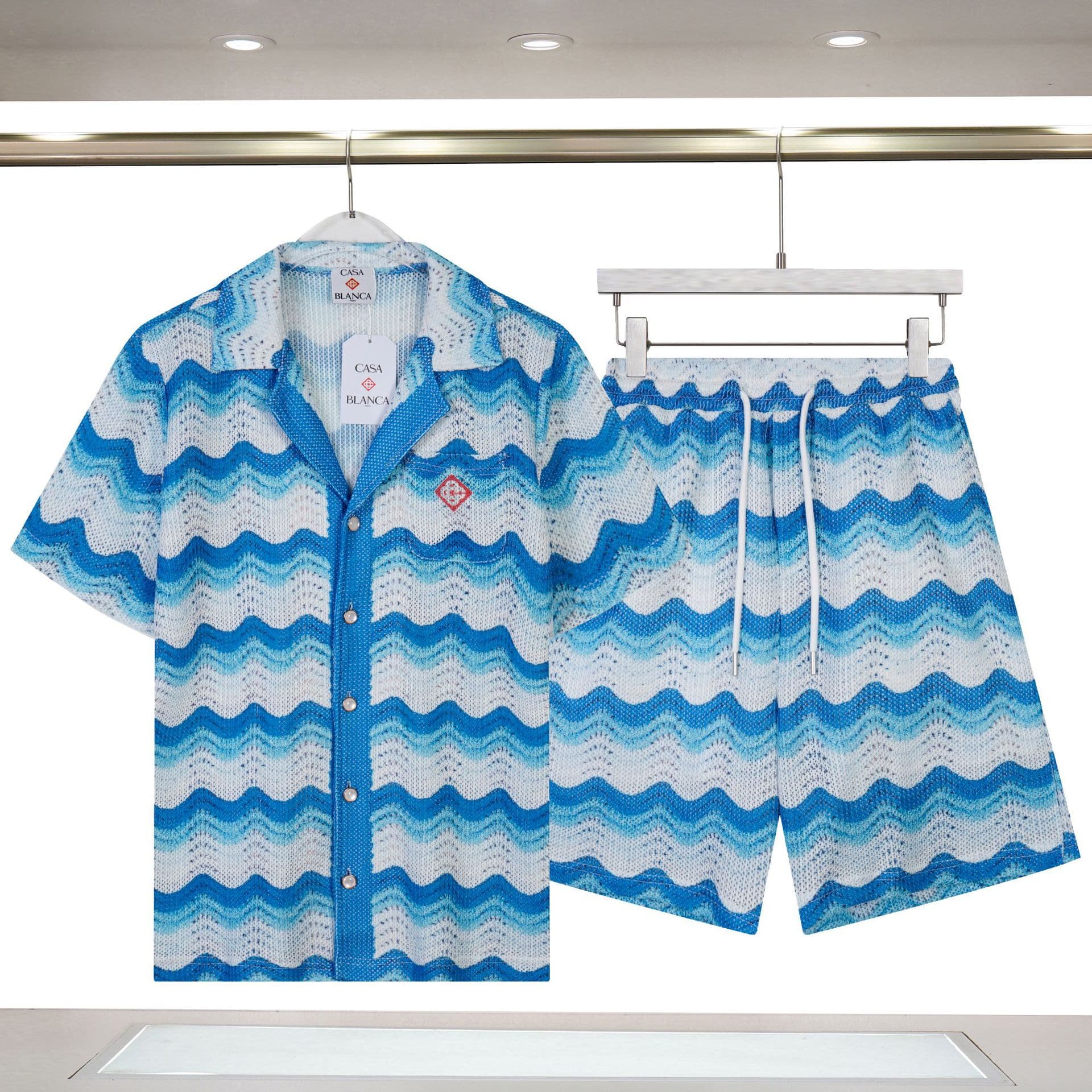 New casa knitted shirt trendy brand Casablanca wavy blue and white printed beach shorts open lining sweater trendy