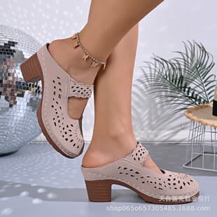 2025 Chunky Heel New European and American Style High Heel Sandals Slippers, Retro Blue Black Summer Toe-covered Slippers for Women, Hollow Out Versatile
