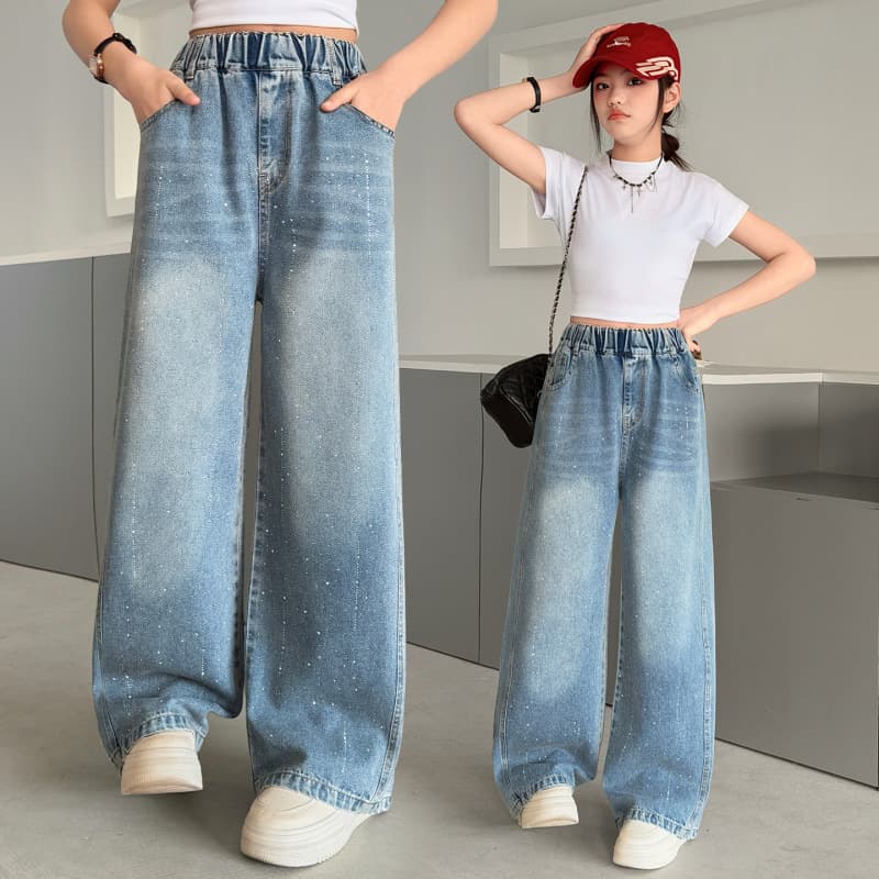 Girls' Pants Spring/Autumn 2026 New Rhinestone Side Seam Jeans Mid-Large Kids Loose Versatile Long Pants Trendy