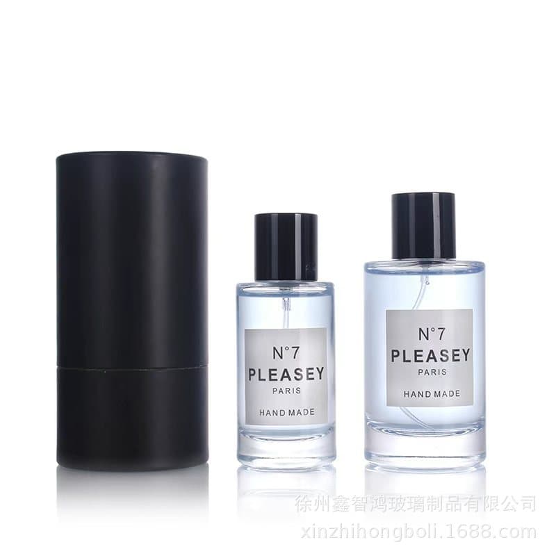In stock 30ml 50ml 100ml transparent snap-on cylindrical perfume bottle glass perfume spray bottle with paper box packaging