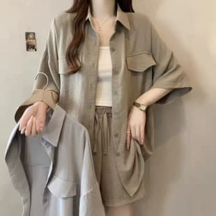 Plus Size Summer New Style Matching Set for Women, Loose Fit, Slimming Sun Protection Shirt and Shorts Two-Piece Set, Trendy