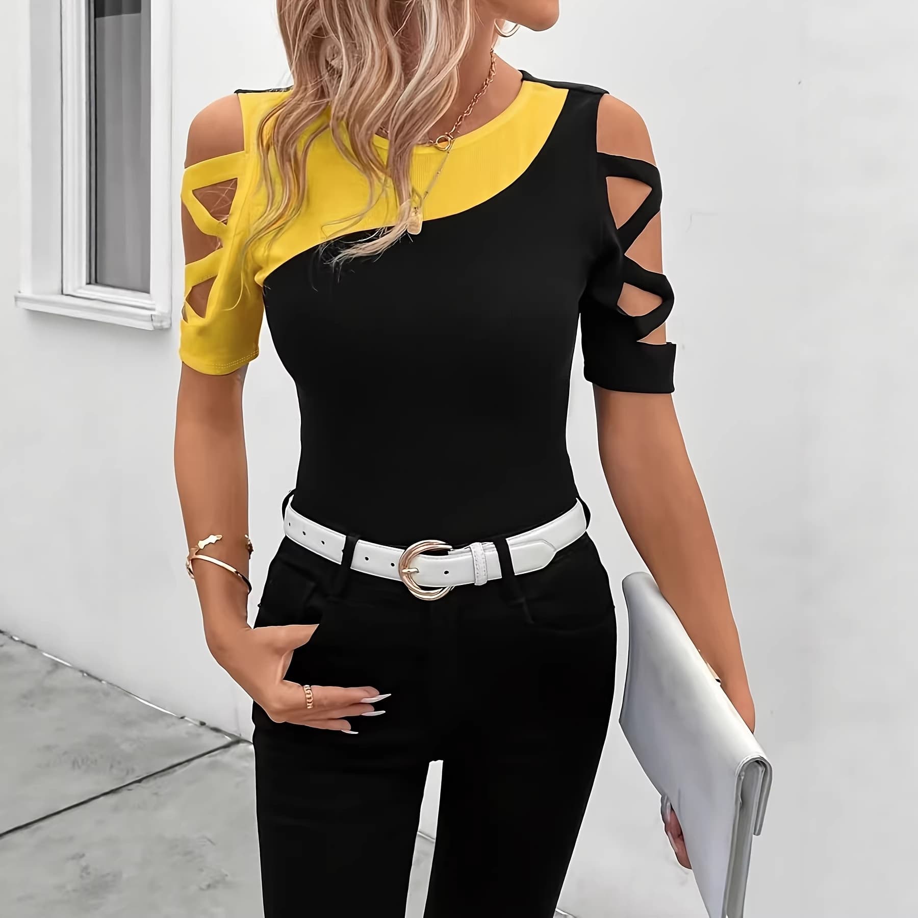 Plus Size Women's Contrast Color Off-Shoulder Hollow Short Sleeve T-Shirt, Slim Fit Stretch Top for Cross-Border Amazon AliExpress
