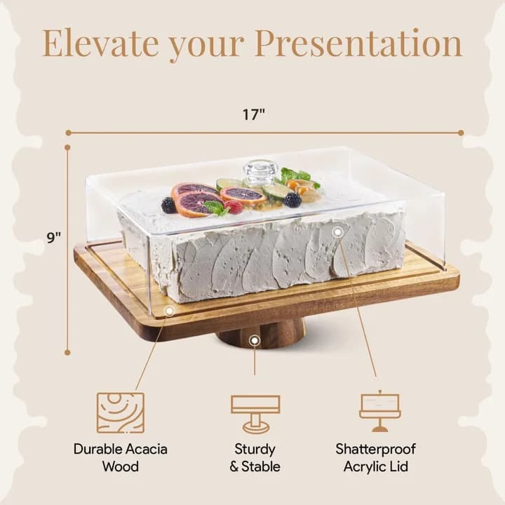 Cross-border Acacia Wood Cake Display Plate with Transparent Lid, Fruit and Snack Tray for Party Gatherings, Solid Wood Charcuterie Board