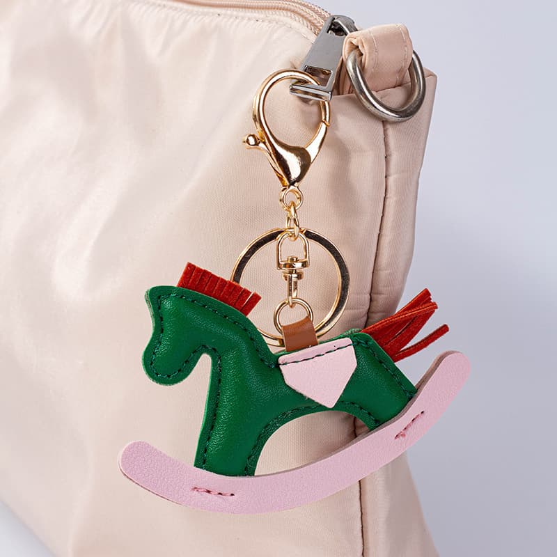 Cartoon Ins Rocking Horse Leather Pendant Handmade Leather Green Horse Bag Keychain Pony Decorative Charm Wholesale