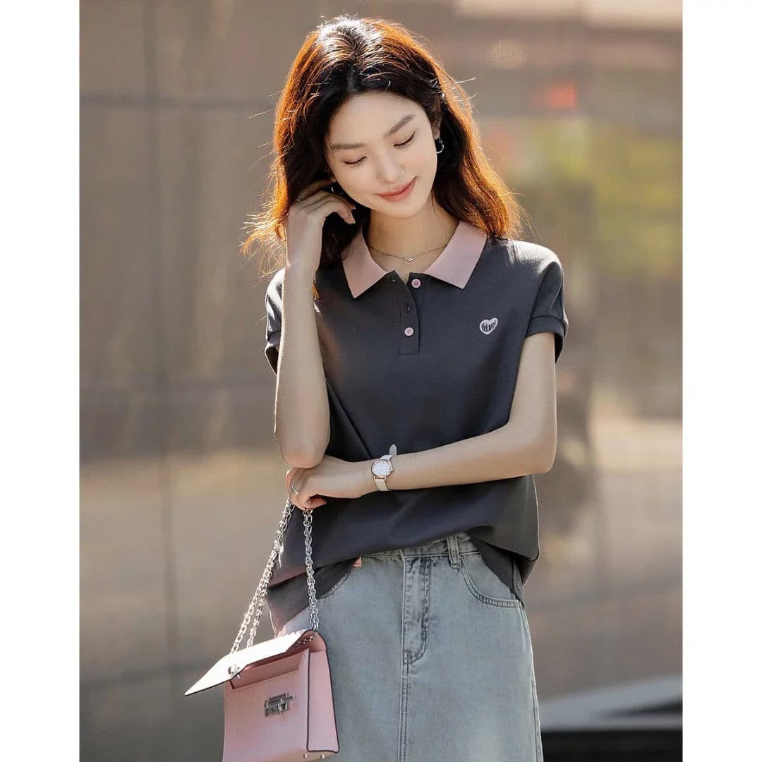 Versatile Contrast Color Polo Collar Short Sleeve T-Shirt 2025 Summer New Style Age-Defying Loose Casual Slimming Top for Women