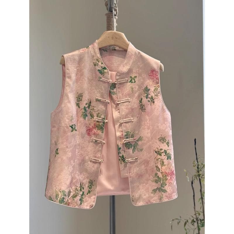 Young-style Tang Suit Vest, Chinese-style Spring/Autumn Thin Pink Satin Print High-End Stand Collar Improved Vest