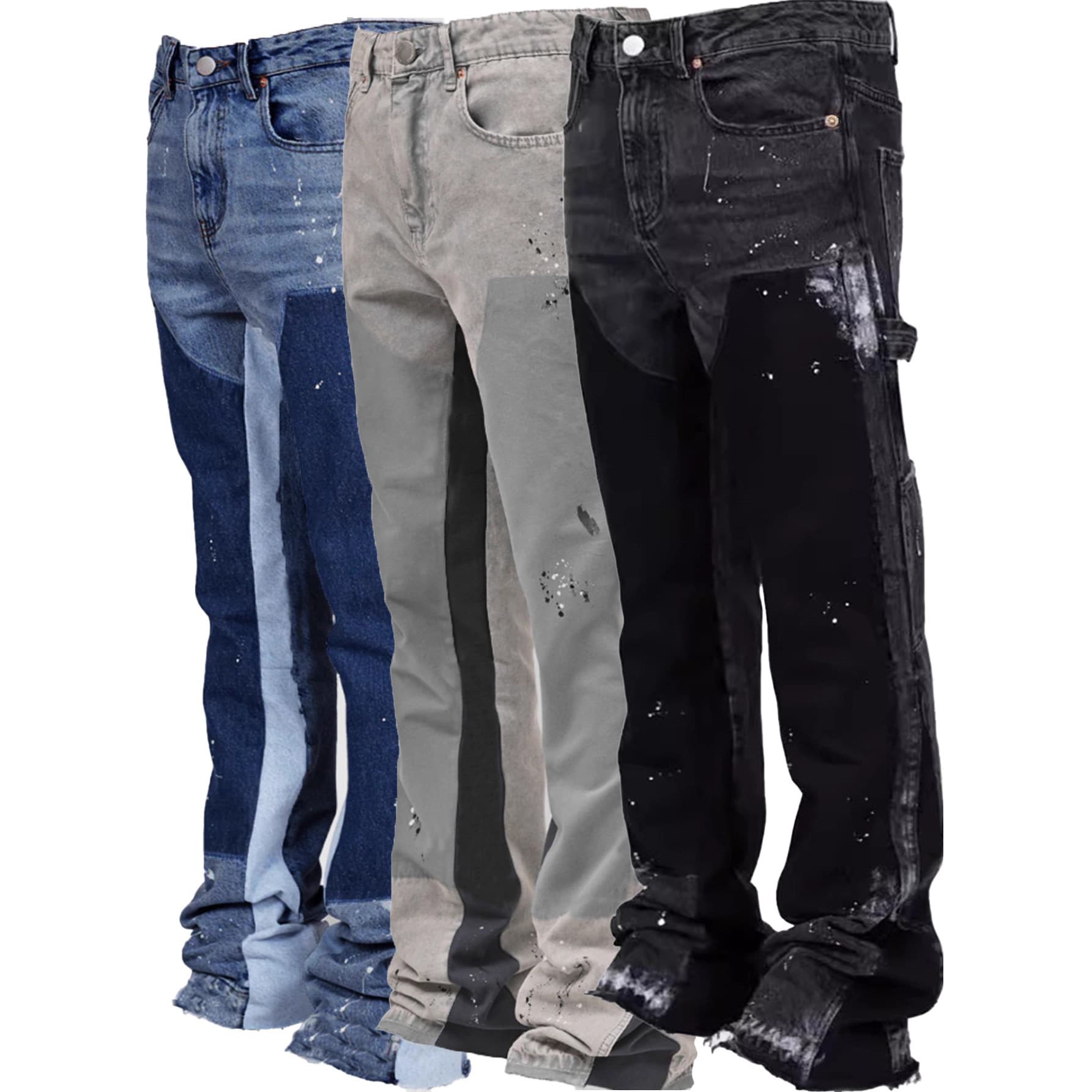 Men's denim overalls European and American fashion ins workwear popular stretch patch denim laminated bell bottoms