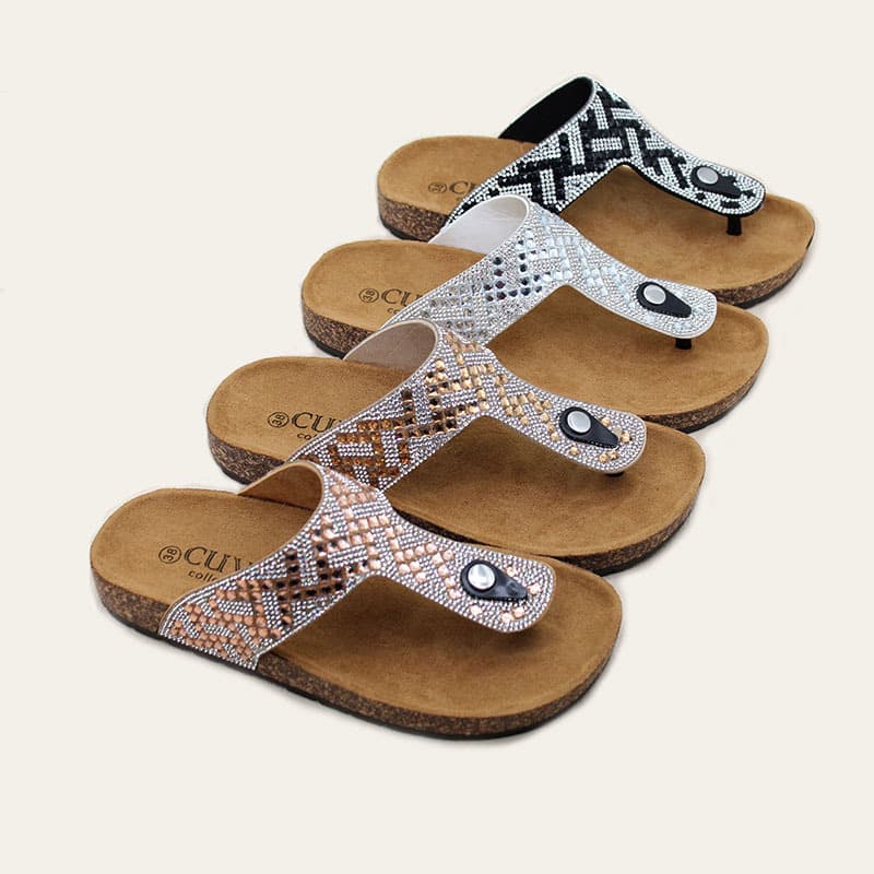 Wholesale High Quality Summer Flat Slippers Toe-Post Rhinestone Birkenstock Shoes for Women