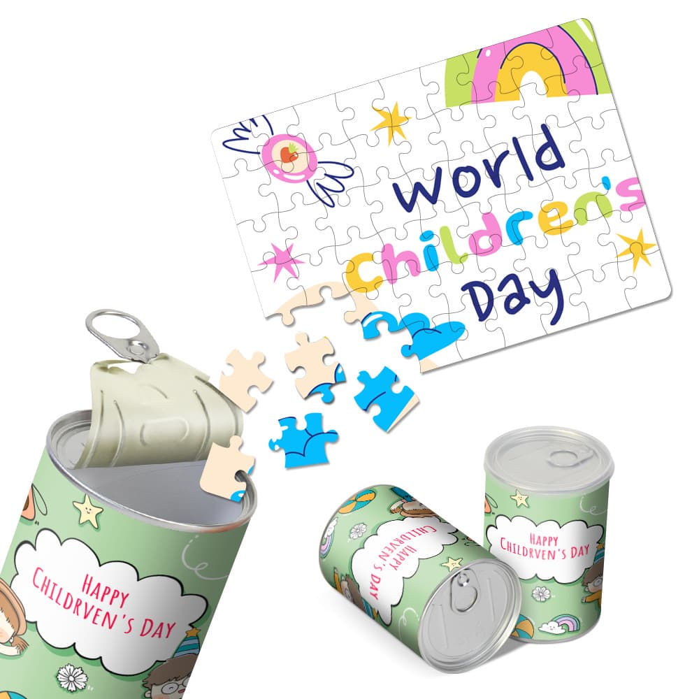 Flat Cartoon Sublimation Heat Transfer Puzzle Children's Day Advertising Gift Canned 54-Piece Puzzle Custom Logo