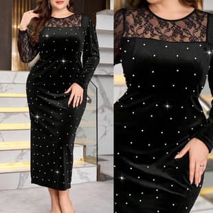 Plus Size Luxury Velvet Rhinestone Dress Women Lace Trim Long Sleeve Slim Fit Evening Party Gown Bodycon Maxi Dress