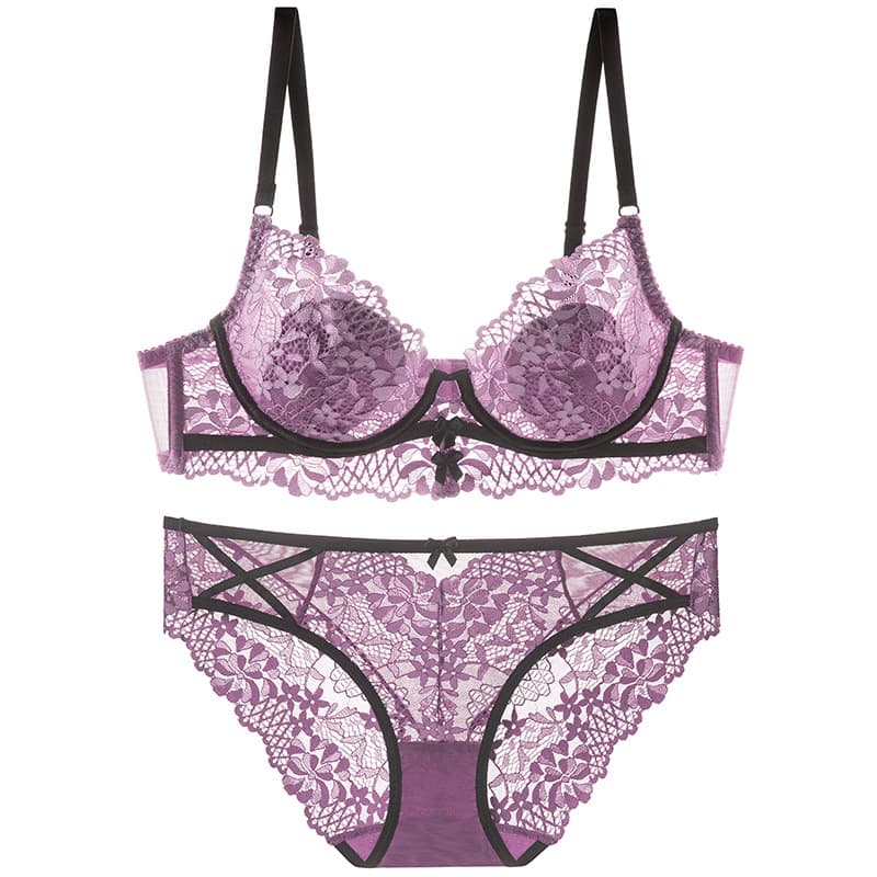 Cross-border French Sexy Lingerie Women Ultra-thin Pure Desire Butterfly Lace Bra Large Bust Enhances Small Anti-sagging Bra Cup