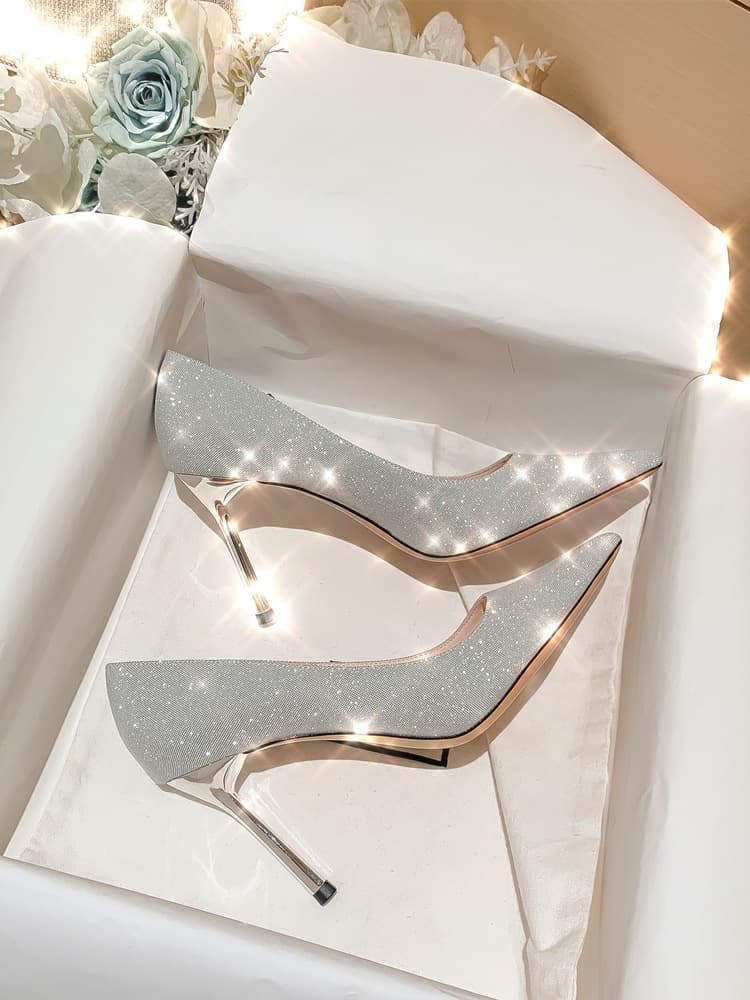 Banquet Dress Silver High Heels Women's Thin Heel New Crystal Bride Shoes Wedding Marriage Engagement Absolutely Beautiful Wedding Shoes