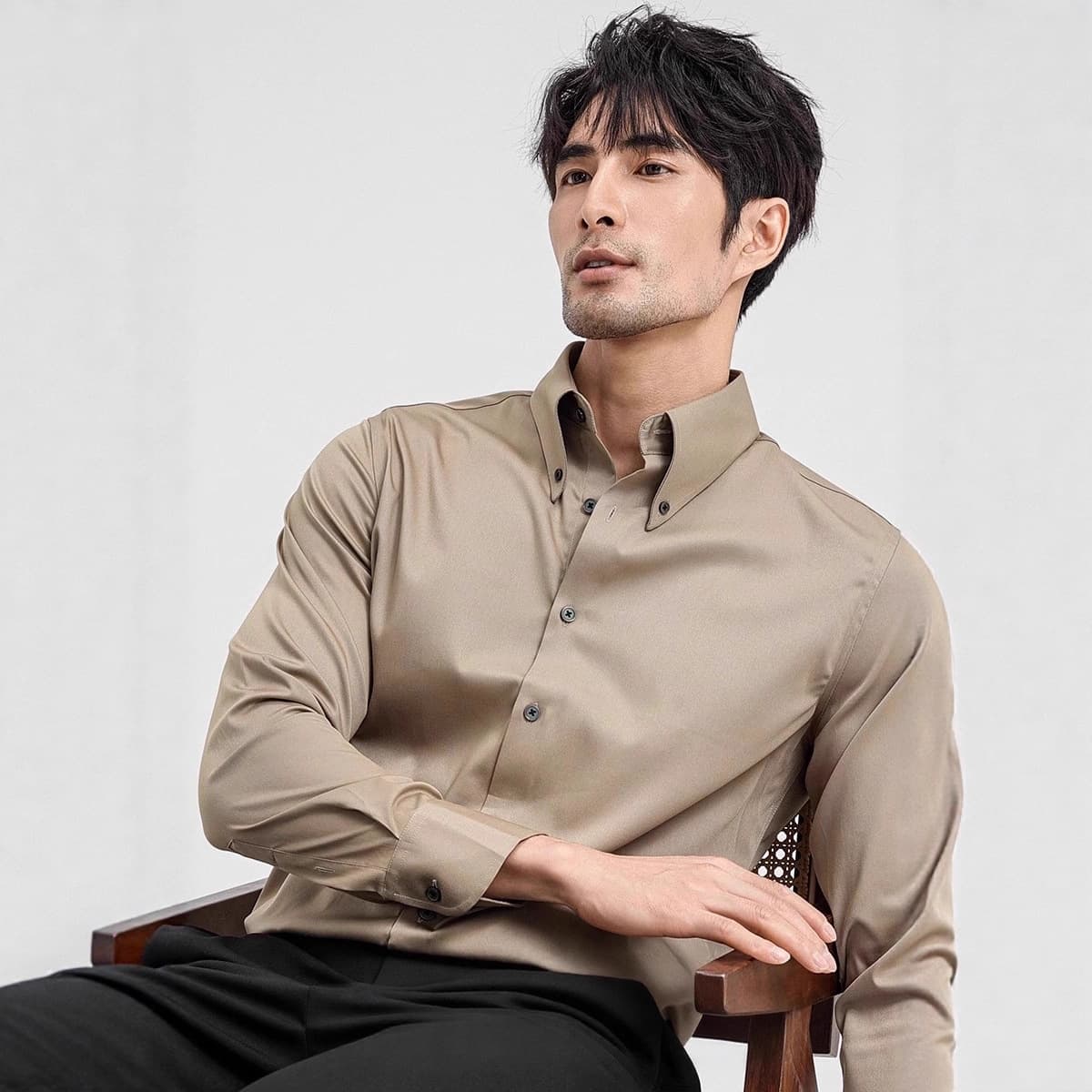 Long-sleeved shirt, autumn new style, large pointed collar, high-end anti-wrinkle business slim casual black men's wedding shirt