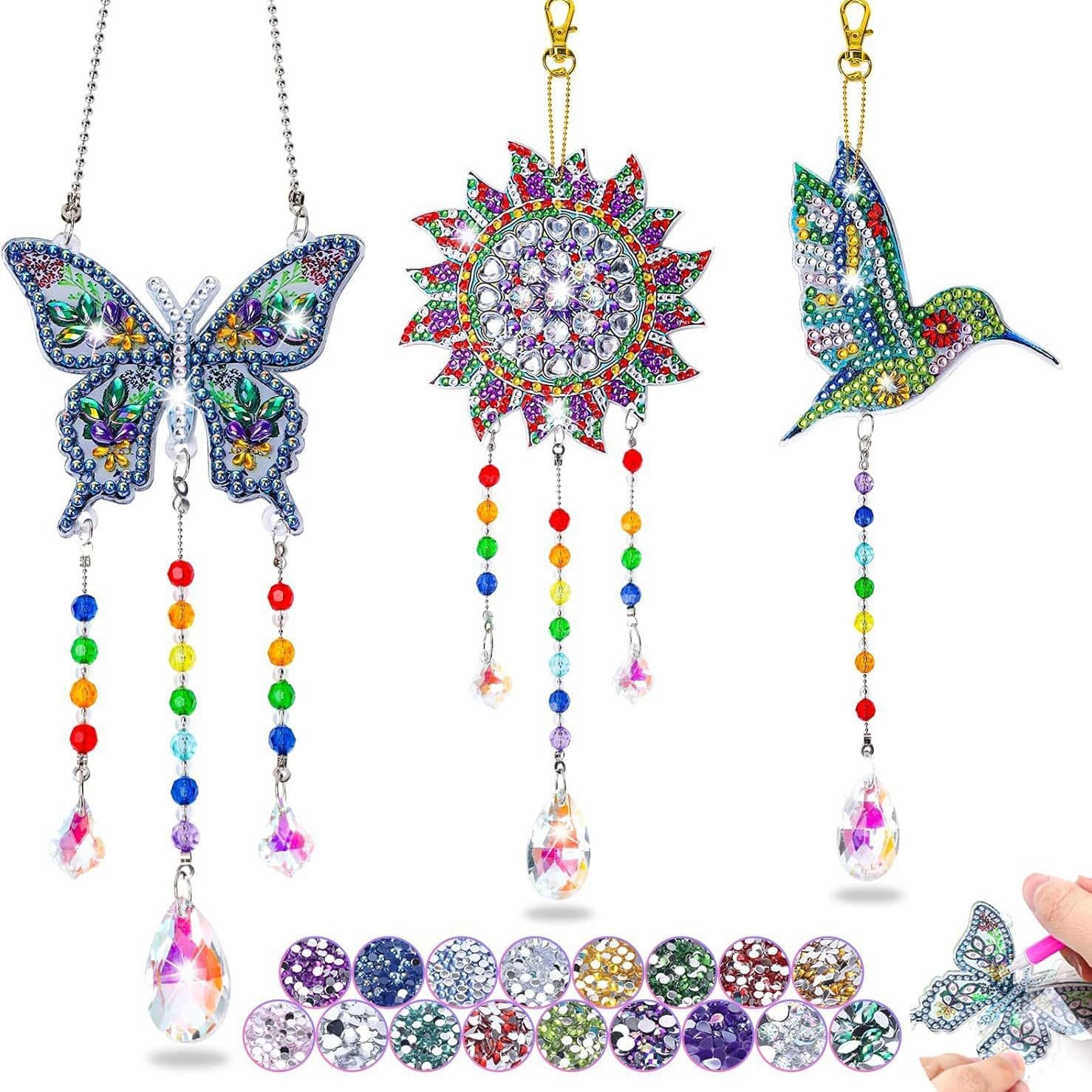 Diamond-painted wind chime double-sided diamond-painted catcher 3-piece set butterfly hummingbird mandala wind chime pendant set