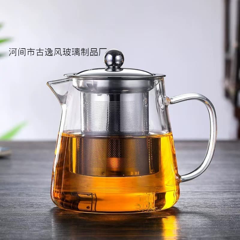 Private label wholesale: thick heat-resistant glass teapot with stainless steel filter