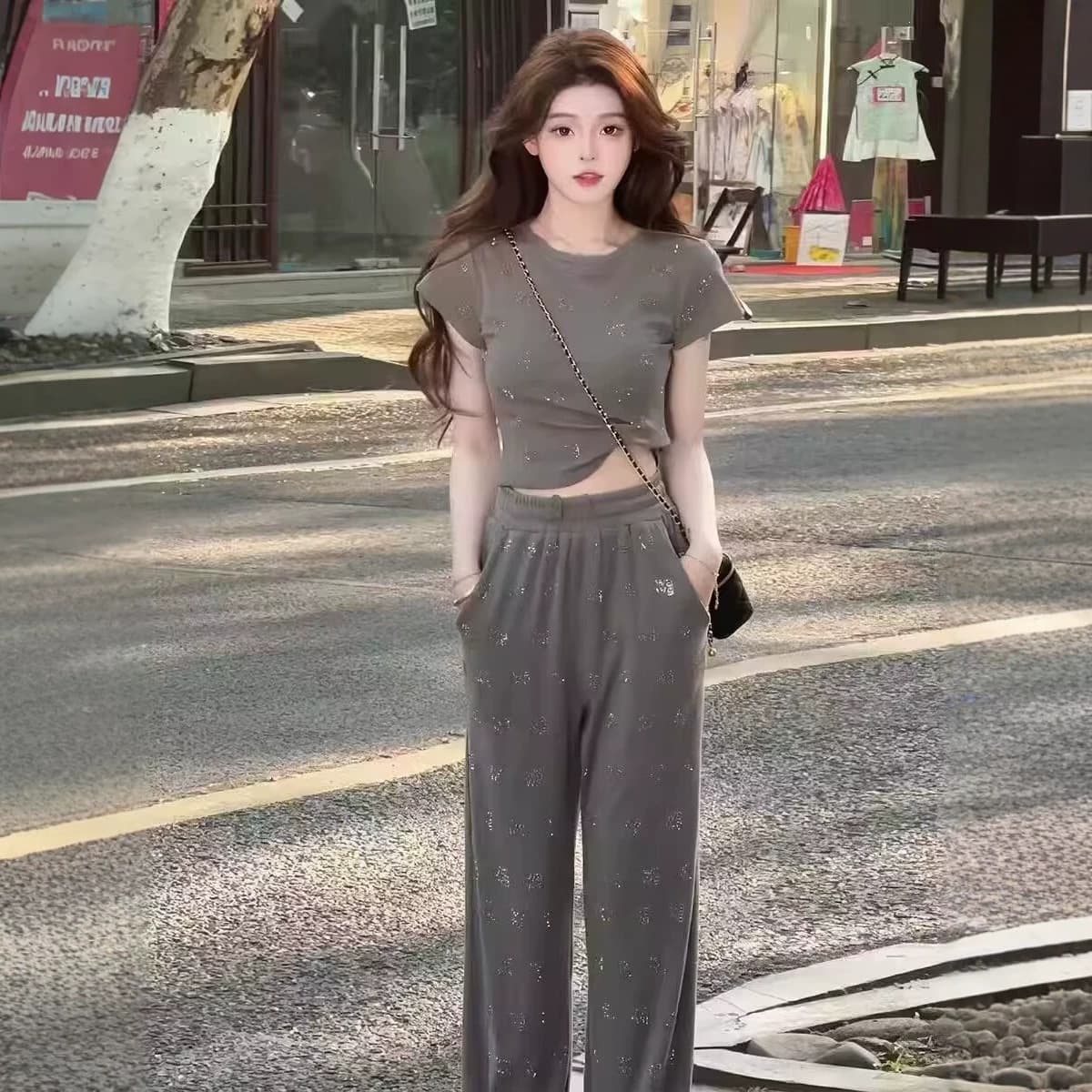 Heavy Rhinestone Embellished Casual Set for Women Summer New Fashionable Short Sleeve Wide Leg Pants Slimming Two-Piece Set