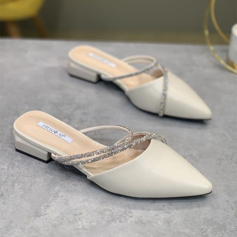 2026 New Summer Sandals Pointed Toe Women's Low Heel Korean Style Slippers Closed Toe Fairy Style Versatile Chunky Heel Shoes Trendy