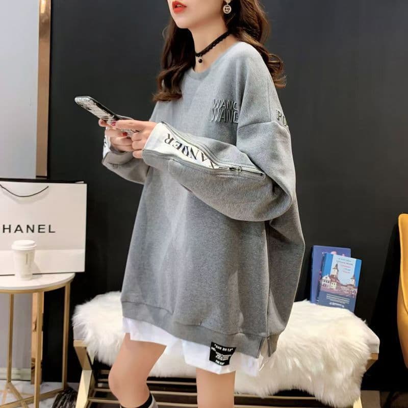 2024 Anti-Pilling Sweatshirt 300g Fleece-Lined Thickeneded Fake Two-Piece Sweatshirt for Women Korean Style Loose Large Size Top