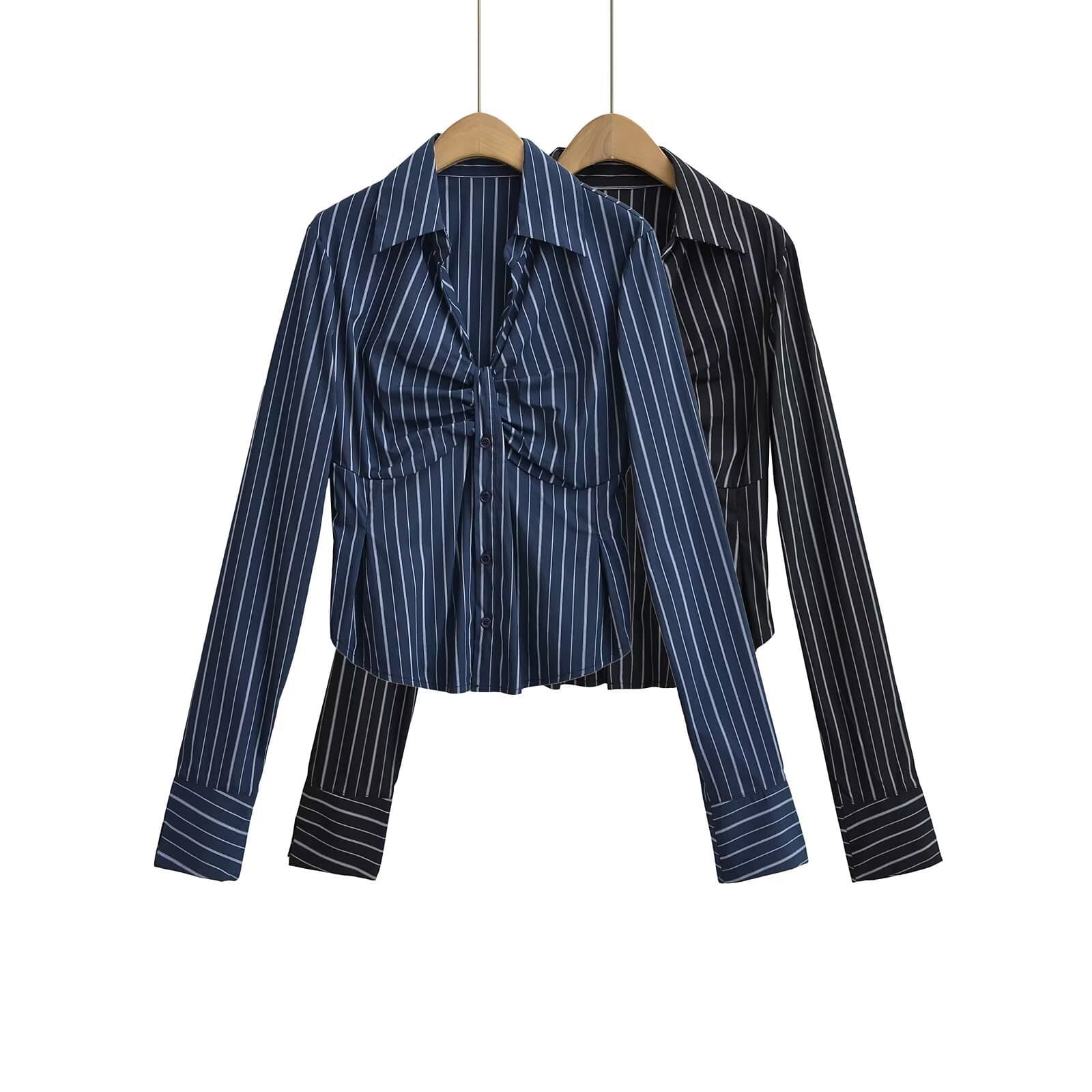 YPFF Women's Fashion Turn-down Collar Single-breasted Long-sleeve Striped Blouse Autumn New Design Pleated Waist Top