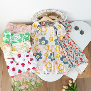 Girls Summer Floral Print Dress Kids Fashion Puff Sleeve Cartoon Dress