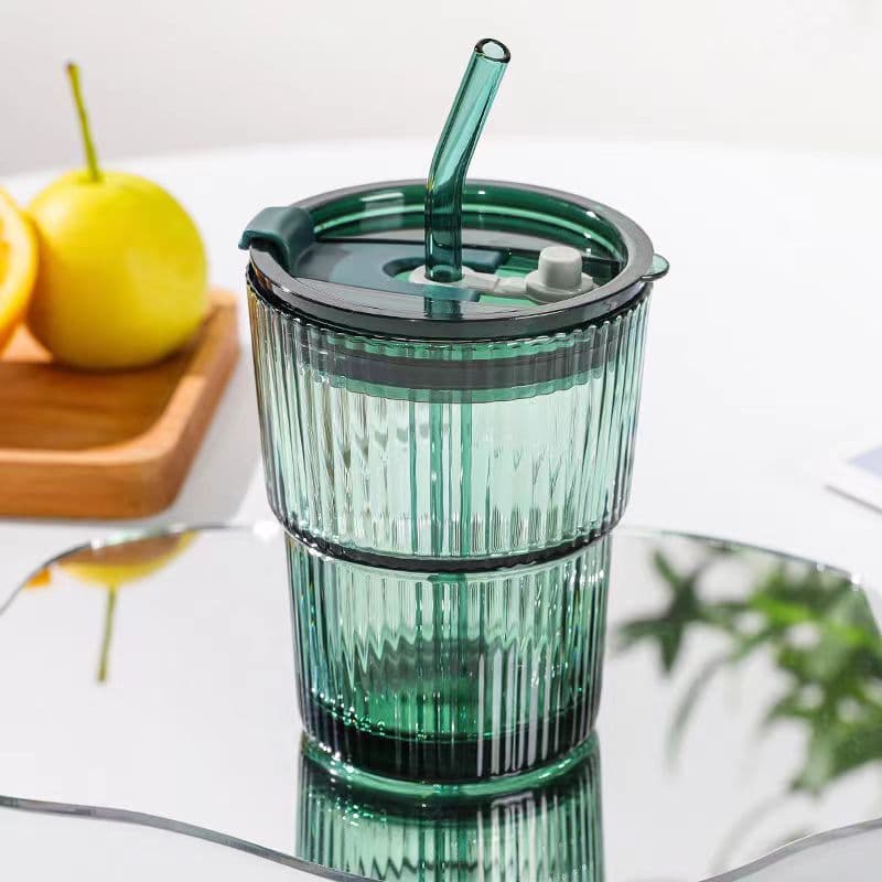 Dark green glass water cup with straw, new bamboo joint cup, home use, niche style, high-value, vertical striped cup for office use.
