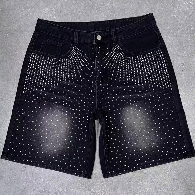 High Street Retro Washed Ripped Denim Shorts Men's Trendy Brand Style Rhinestone Niche Design Straight Five-Point Pants