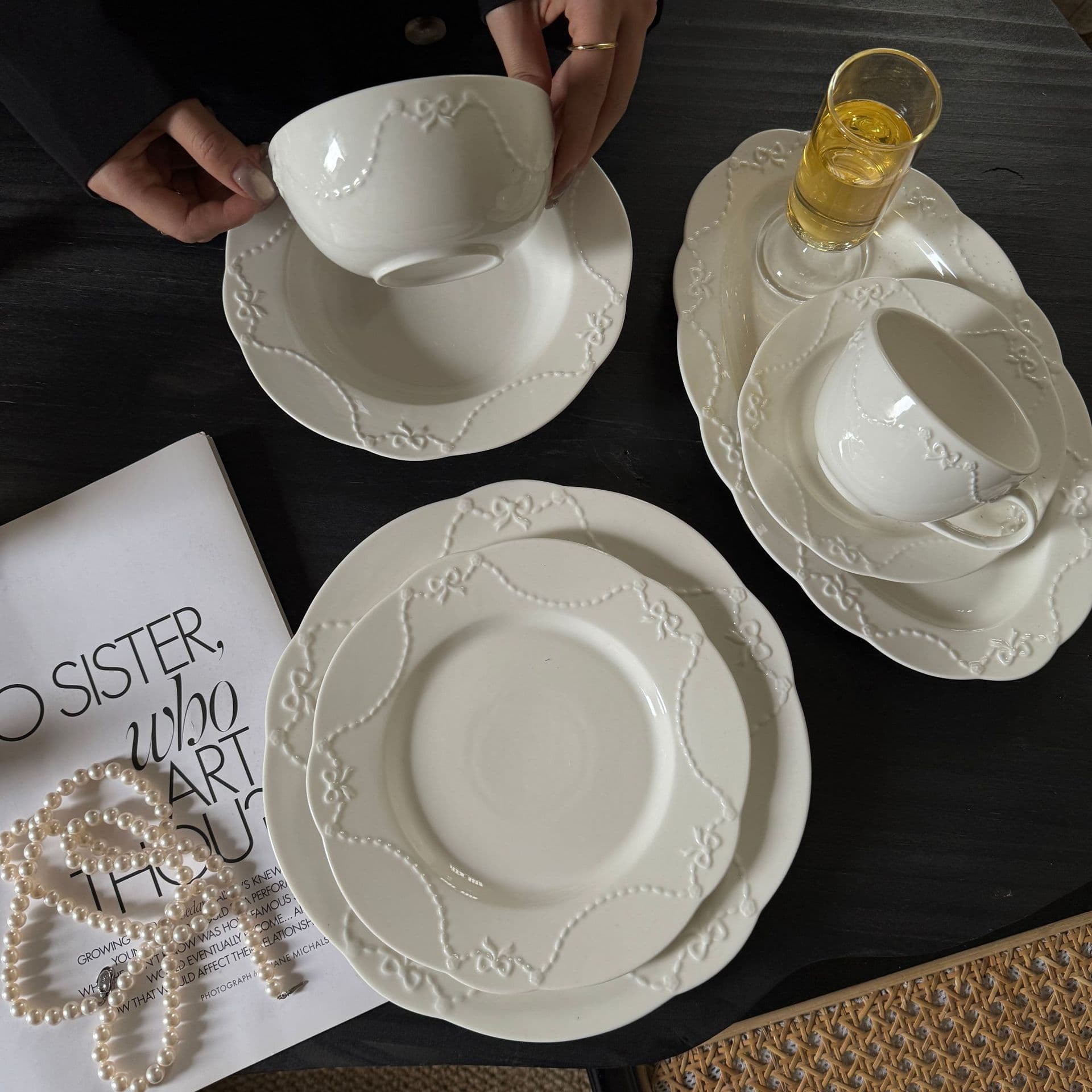 New French Relief Bow Princess Ceramic Plate Dessert Pasta Home Set Plate Wholesale