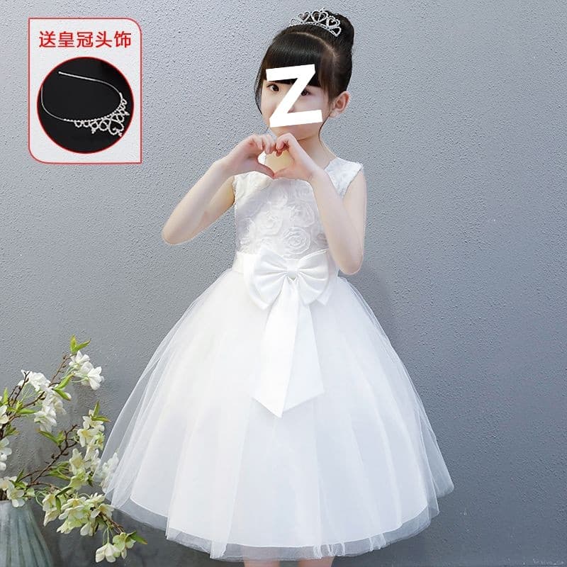 Girls Summer Dress White, Children's Wedding Flower Girl Birthday Piano Performance Costume Princess Dress