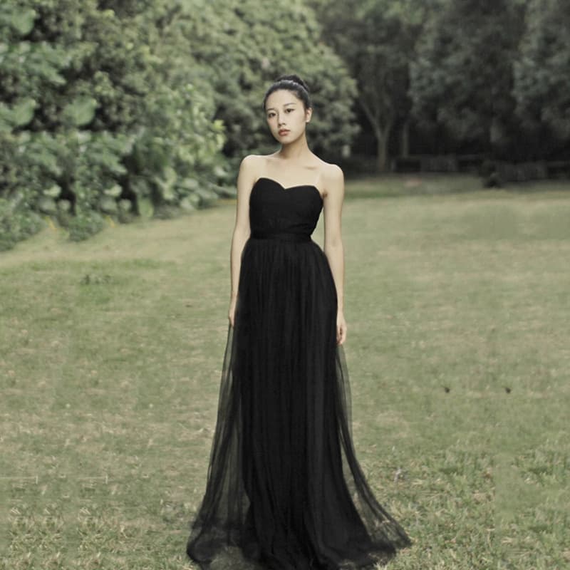 Black Evening Dress Gown for Banquet, Hostess, Bride, Petite Fit, Strapless Performance and Toasting Dress
