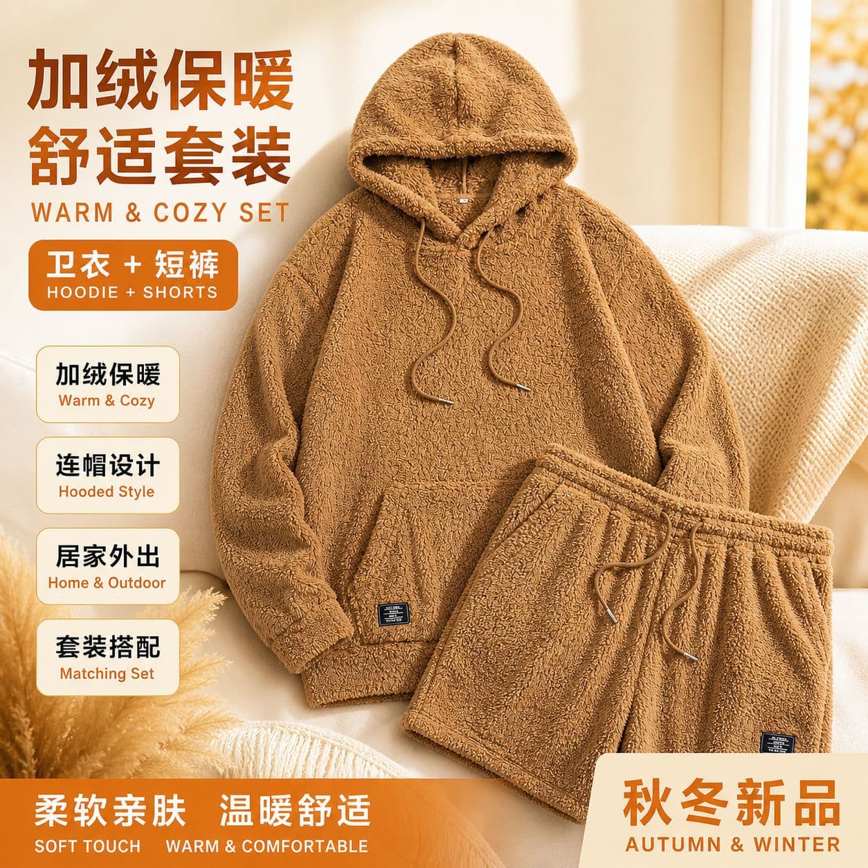 Warm Lamb Fleece Casual Set Men's Hoodie + Shorts Autumn Winter Home and Outing Versatile Two-Piece Set