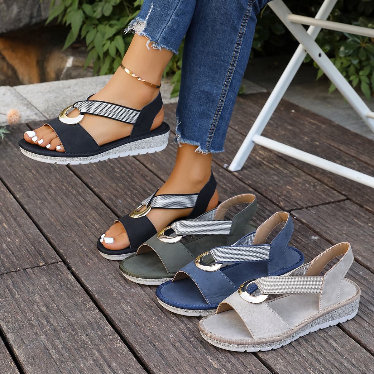 Fish Mouth Sandals Women Cross-border Metal Buckle Wish Foreign Trade Decorative Hemp Rope Amazon European American Wedge Heel Plus Size Women's Sandals