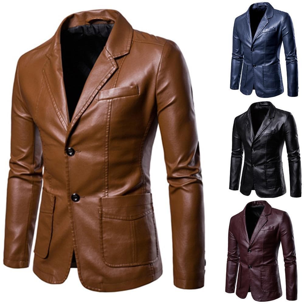 Foreign Trade Amazon 2023 Autumn Winter New Men's Slim Versatile PU Blazer Lapel Leather Jacket