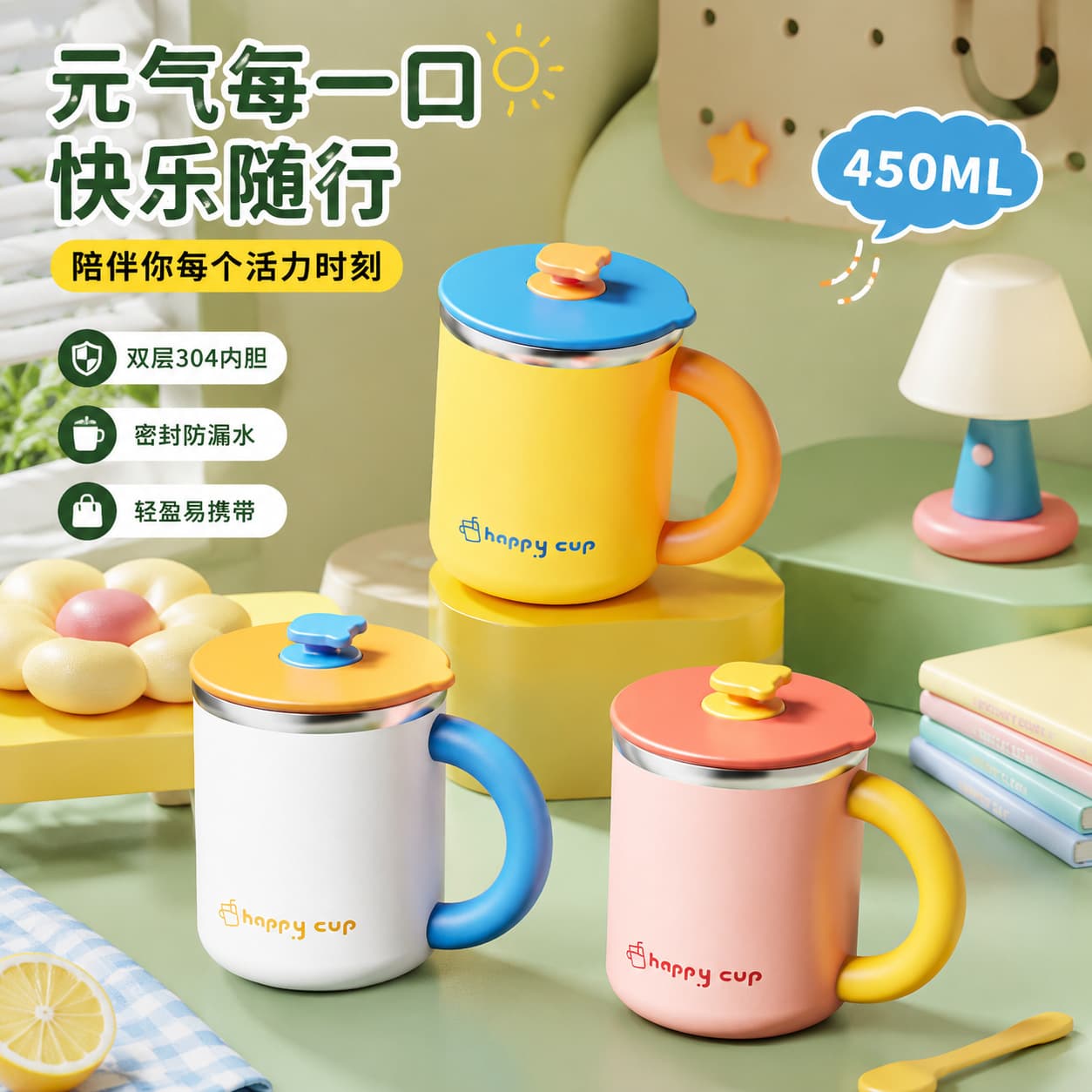 304 stainless steel water cup with lid mug home tea cup office coffee cup slide lid student cup gift