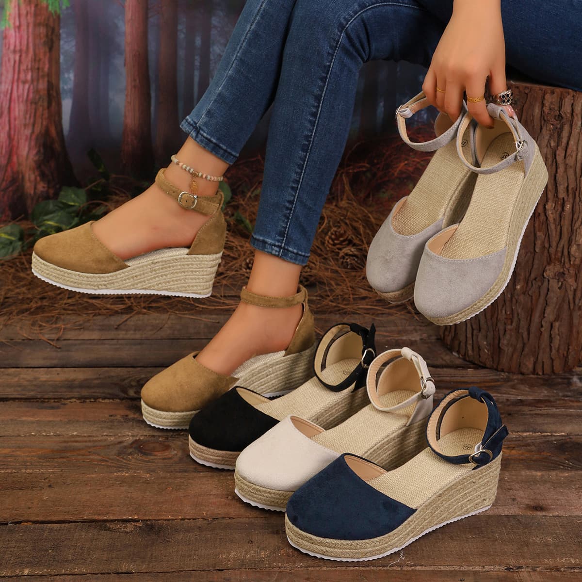 Fashion Women's Sandals New Toe-Covered Wedge Heel Sandals Thick Platform Espadrille Ankle Strap Sandals