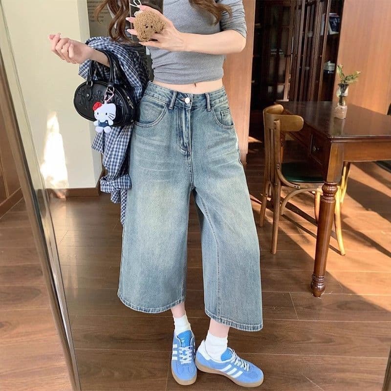 Retro High Waist Cropped Wide Leg Jeans for Women Summer American Washed Loose Slimming Washed Relaxed Straight Cropped Pants