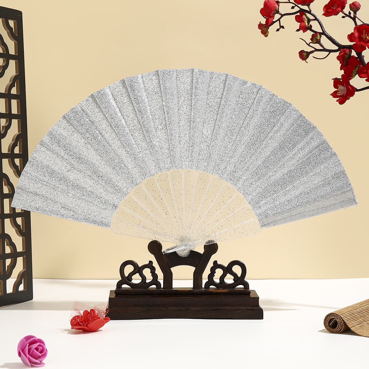 Transparent Gold Powder Fan Ribs with Silver Tassels - Random Silver Hot-Stamped Floral Pattern on Fan Surface
