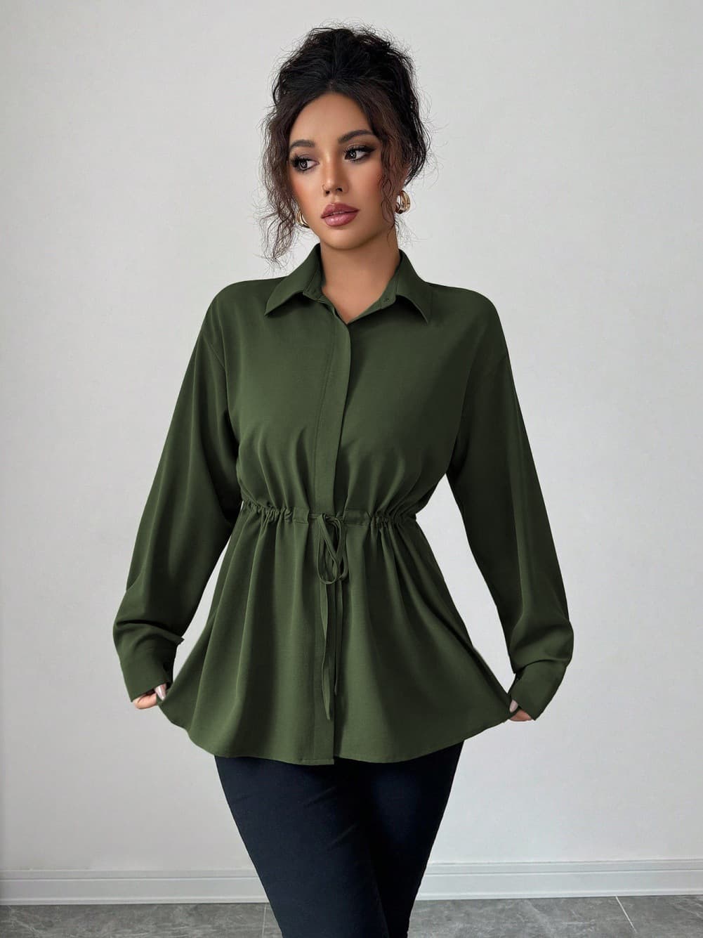 2025 New Cross-Border Amazon European and American Fashion Elegant Women's Solid Color Drawstring Waist Shirt