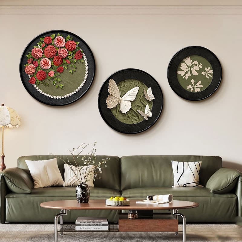 Mid-Century Modern Living Room Sofa Background Wall Decor, High-End Rose Hanging Art, French Retro Dining Room Round Mural