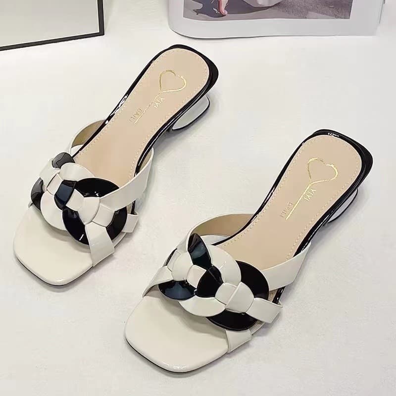 Fashionable Hollow Woven Women's Slippers Color Block Summer 2024 New Arrival Outer Wear Mid-High Heel Sandals Rubber Sole