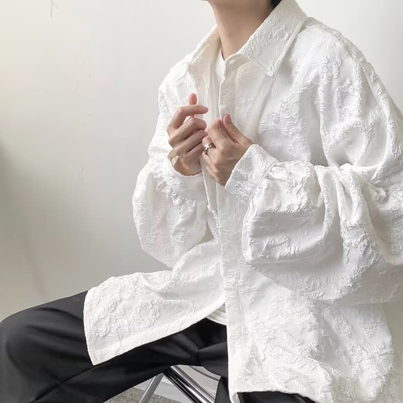 New Dark Academia Light Mature Style Embossed Jacquard Long-Sleeve Shirt Jacket for Men, Japanese Vibe Aesthetic Ascetic Shirt