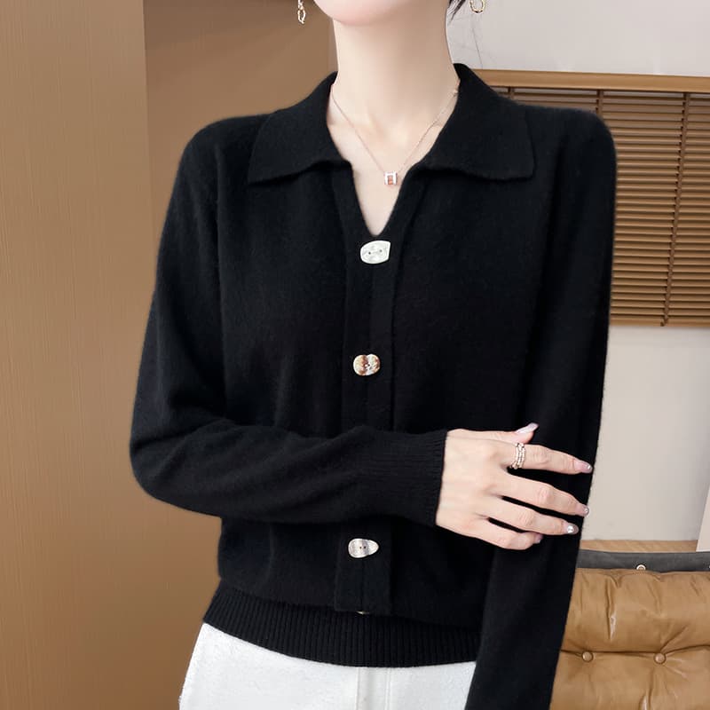 2024 winter cashmere sweater women's POLO collar button knitwear loose versatile pullover cashmere top.
